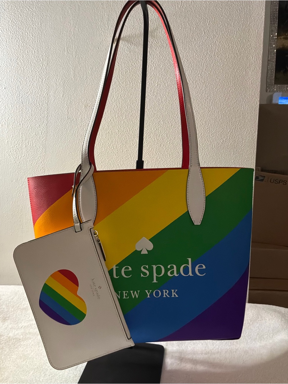 Limited edition Kate spade Rainbow Diagonal Stripe Tote - White Handles w/Pouch - Picture 2 of 9
